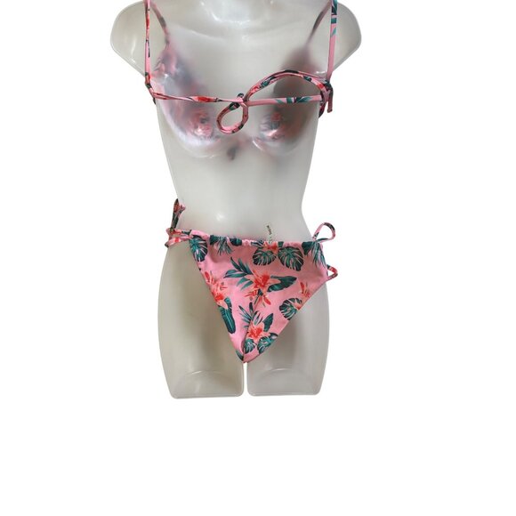 Tropical Floral Print Bikini XL Pink & Green Sexy Swimwear Cute Bathing Suit Y2K - Picture 2 of 6